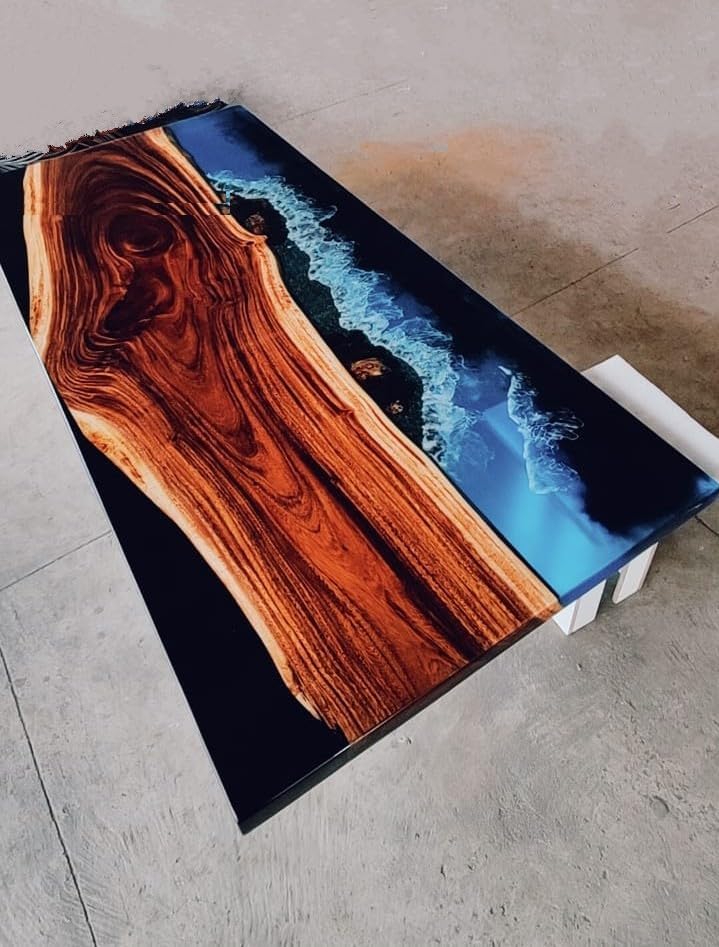 Blue Beach Ocean Look with Wave Epoxy Resin Dining Table Coffee Table End Table Wooden Table Living Room Table Bar Counter Home Décor Side Table Top - resinhomefurniture