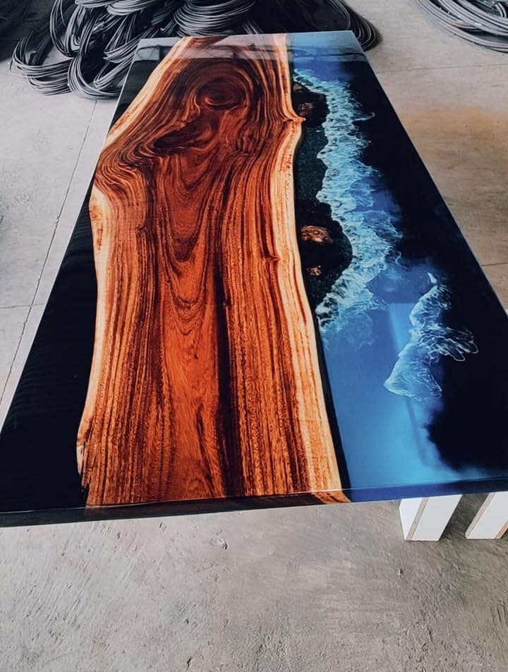 Blue Beach Ocean Look with Wave Epoxy Resin Dining Table Coffee Table End Table Wooden Table Living Room Table Bar Counter Home Décor Side Table Top - resinhomefurniture