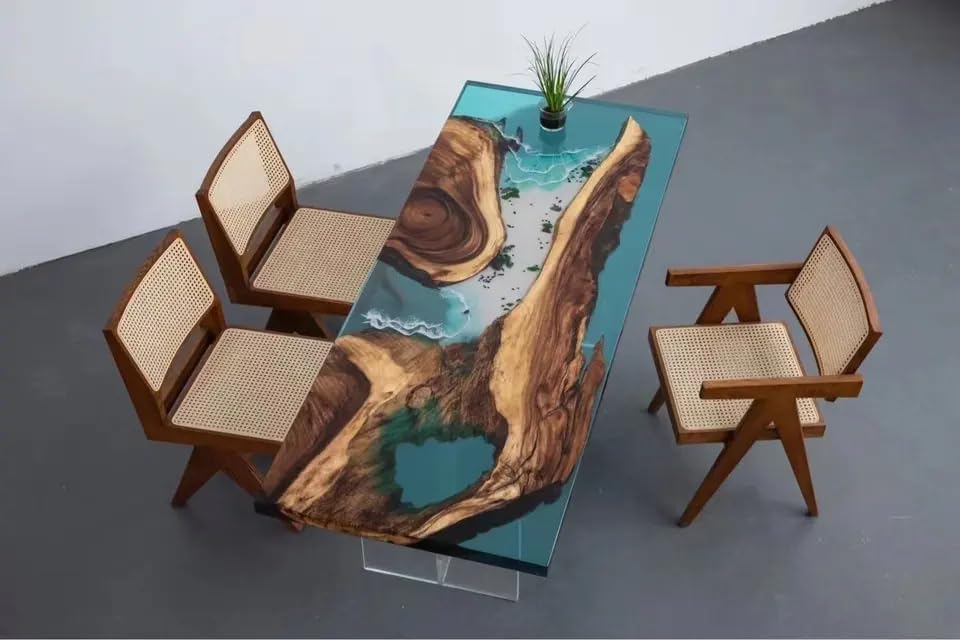 Blue Island Ocean Waves with Mini Pond Look Epoxy Dining Table Resin Coffee Table End Table Wooden Table Living Room Table Bar Counter Home Décor Side Table Top - resinhomefurniture