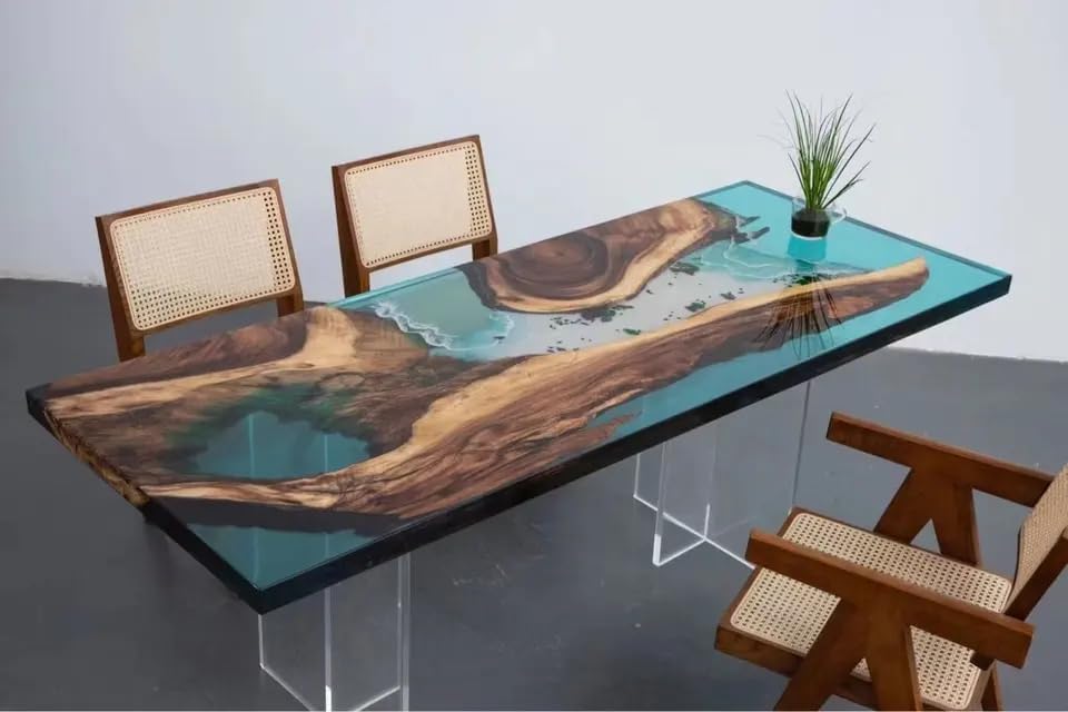 Blue Island Ocean Waves with Mini Pond Look Epoxy Dining Table Resin Coffee Table End Table Wooden Table Living Room Table Bar Counter Home Décor Side Table Top - resinhomefurniture