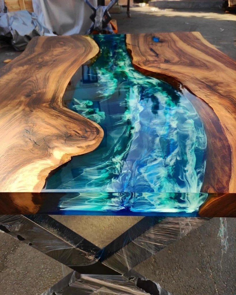 Custom 3D Waves Dark Walnut Emerald Green Blue Ocean Epoxy Table Live Edge River Table Dining Table Coffee Table Sea Table Wooden Table Coastal Table Home Decor - resinhomefurniture