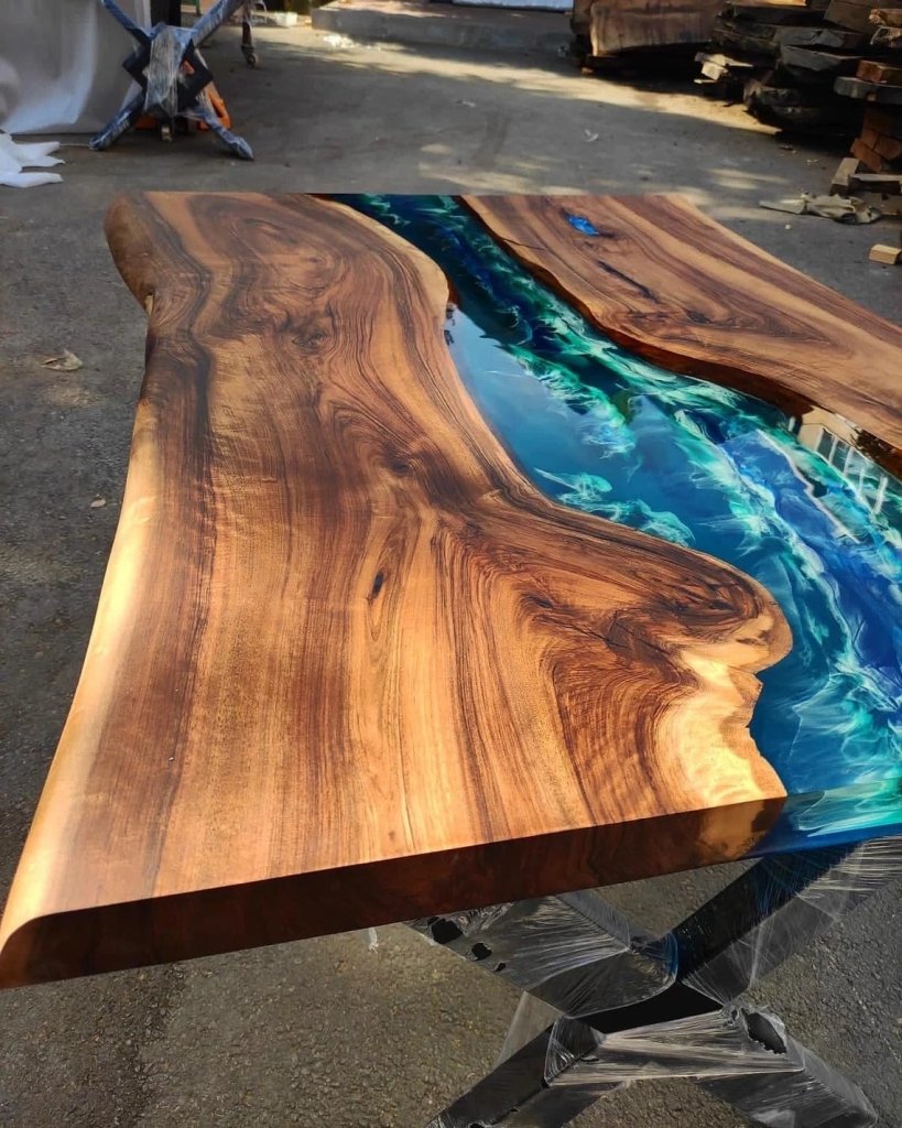 Custom 3D Waves Dark Walnut Emerald Green Blue Ocean Epoxy Table Live Edge River Table Dining Table Coffee Table Sea Table Wooden Table Coastal Table Home Decor - resinhomefurniture
