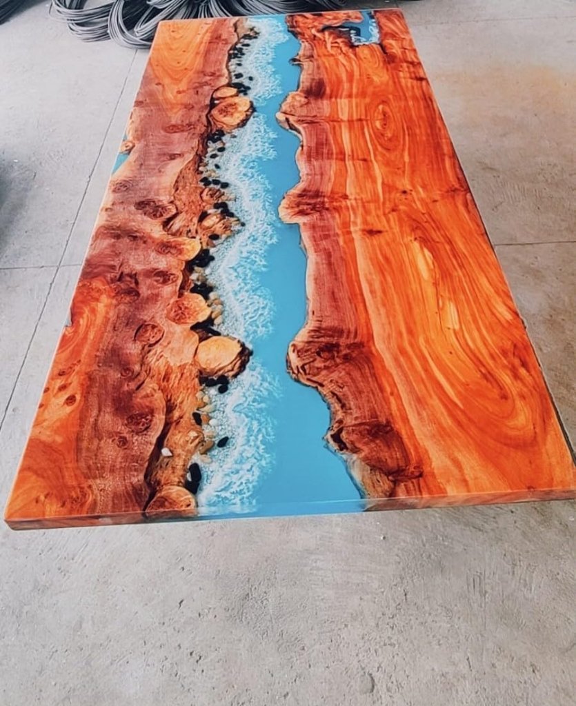 Custom Made Blue River Feel and Stone Resin Table Epoxy Dining Table Coffee Table End Table Bar Counter Top Living Room Table Wall Art Wooden Table - resinhomefurniture