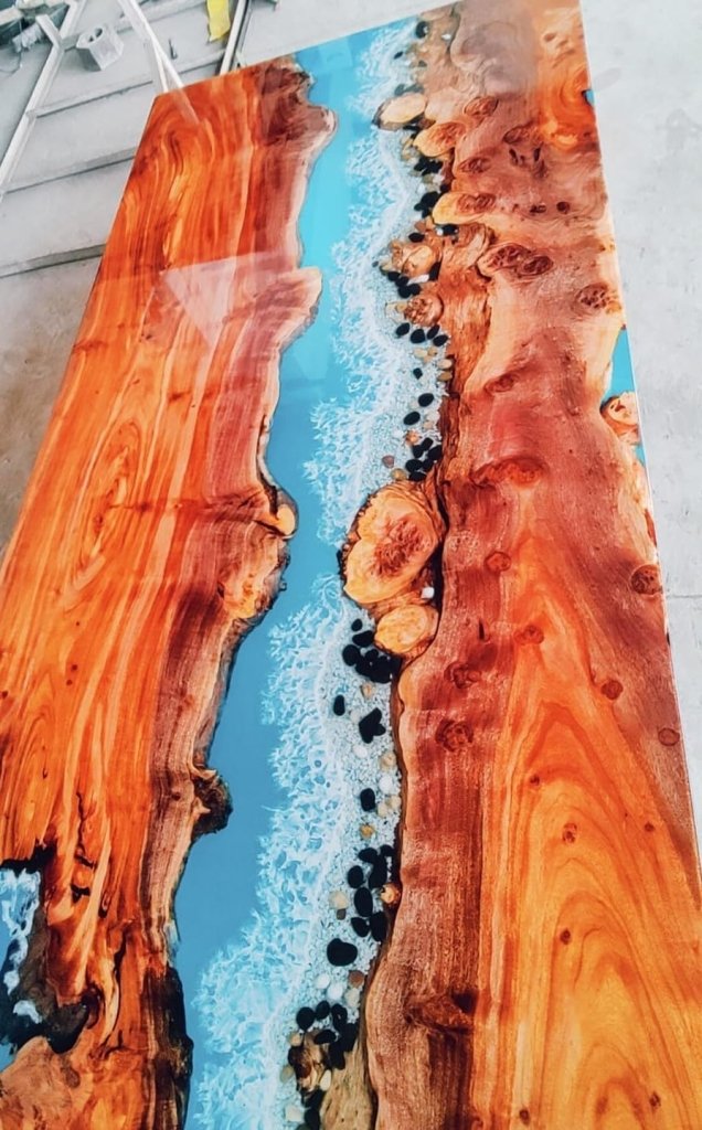 Custom Made Blue River Feel and Stone Resin Table Epoxy Dining Table Coffee Table End Table Bar Counter Top Living Room Table Wall Art Wooden Table - resinhomefurniture