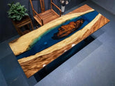 Custom Made Wood Island with Dark Blue River Epoxy Resin Dining Table Coffee Table End Table Wooden Table Living Room Table Bar Counter Home Décor Side Table top - resinhomefurniture