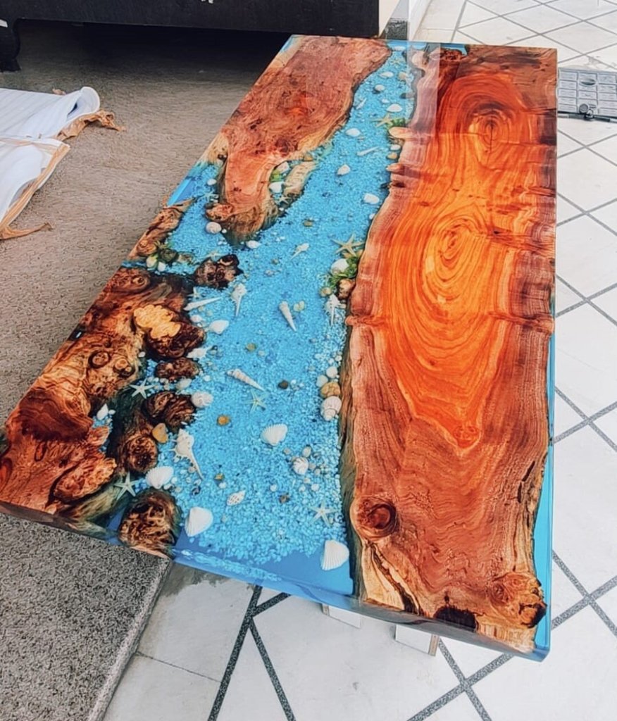Custom Wood Epoxy Blue River With Stones And Shells Look Table Coastal Table Top Dining Table Coffee Table Side/End Table Home D?cor - resinhomefurniture