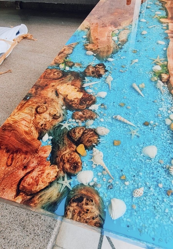 Custom Wood Epoxy Blue River With Stones And Shells Look Table Coastal Table Top Dining Table Coffee Table Side/End Table Home D?cor - resinhomefurniture