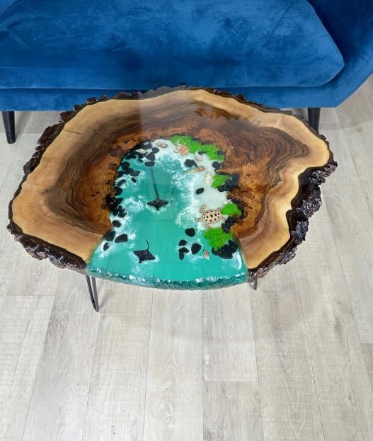 Customized Aquarium Look with Skate Fish & Tortoise Sea Green Epoxy Resin Round Coffee Table Patio Table Console Table Side Table Centre Table Living Room Table - resinhomefurniture