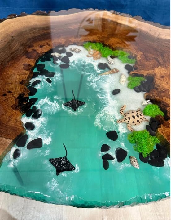Customized Aquarium Look with Skate Fish & Tortoise Sea Green Epoxy Resin Round Coffee Table Patio Table Console Table Side Table Centre Table Living Room Table - resinhomefurniture