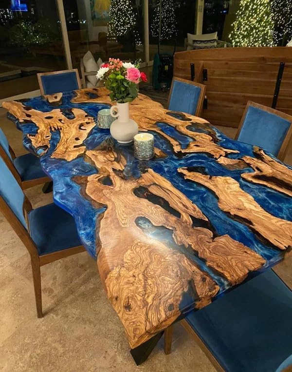 Customized Epoxy Table, Dining Table, Ocean Look Table Top, Unique Furnished Table, Epoxy Live Edge Table, Olive Design Dining Table - resinhomefurniture