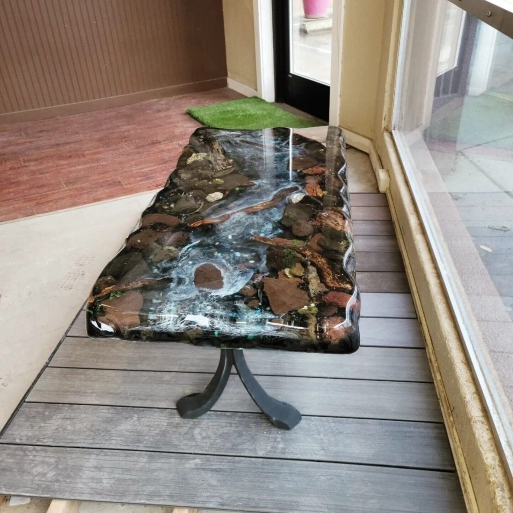 Customized Large epoxy River Rock Table with Natural Flowers, Moss, Rocks and Nature in epoxy Art, Resin Dining Table for 2, 4, 6, 8 - resinhomefurniture