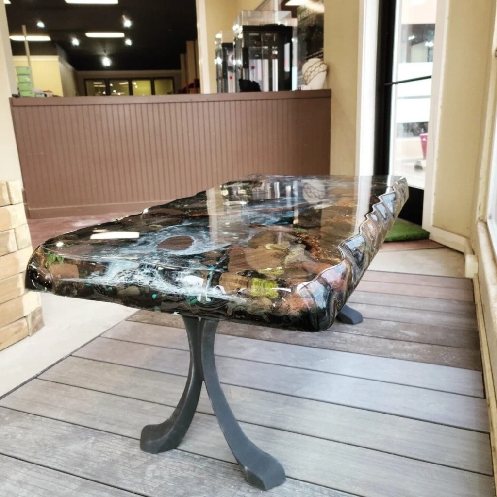 Customized Large epoxy River Rock Table with Natural Flowers, Moss, Rocks and Nature in epoxy Art, Resin Dining Table for 2, 4, 6, 8 - resinhomefurniture