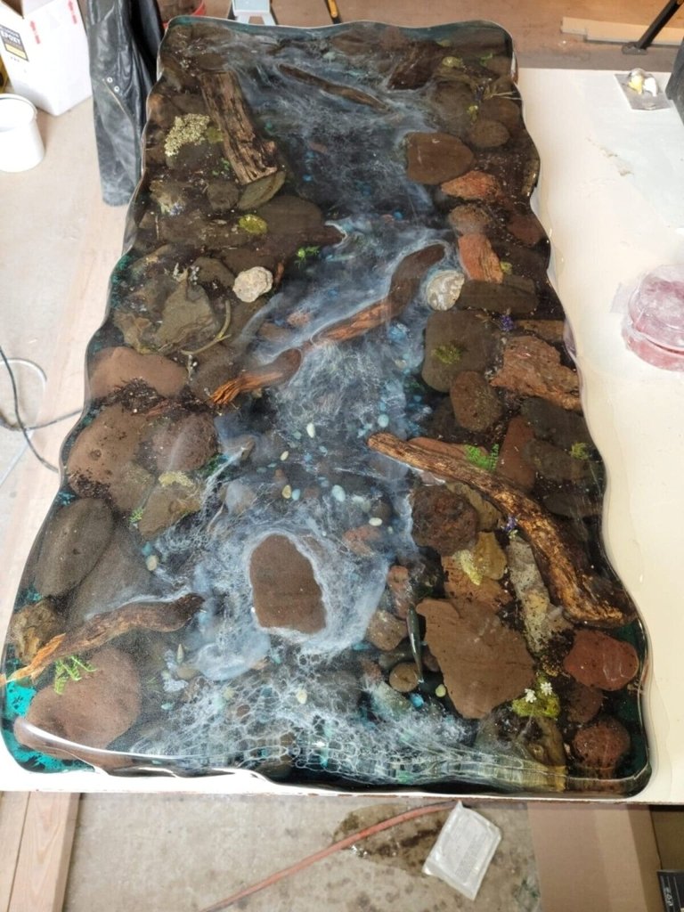 Customized Large epoxy River Rock Table with Natural Flowers, Moss, Rocks and Nature in epoxy Art, Resin Dining Table for 2, 4, 6, 8 - resinhomefurniture