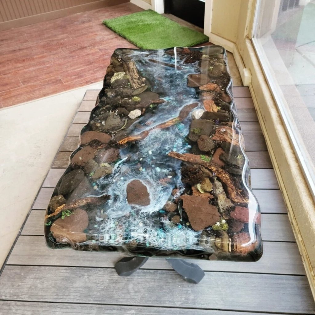 Customized Large epoxy River Rock Table with Natural Flowers, Moss, Rocks and Nature in epoxy Art, Resin Dining Table for 2, 4, 6, 8 - resinhomefurniture