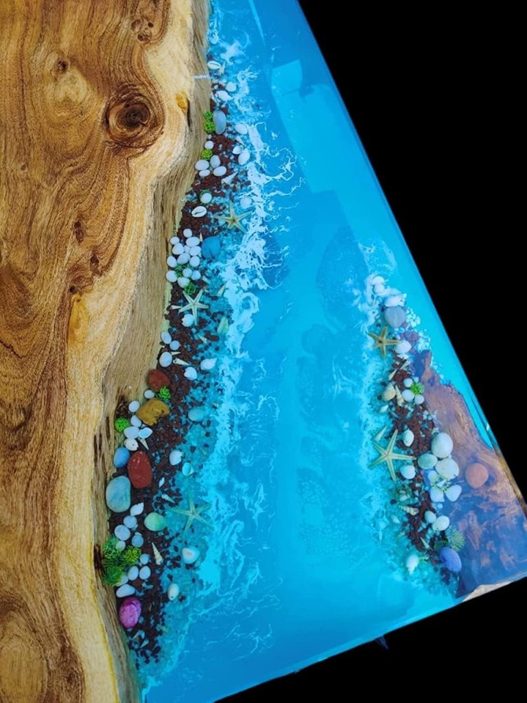 Customized Large Epoxy Table, Blue Resin Dining Table for 2, 4, 6, 8 River with Stone and Star Fish Table, Epoxy Coffee Table, Living Room Table, Home décor - resinhomefurniture