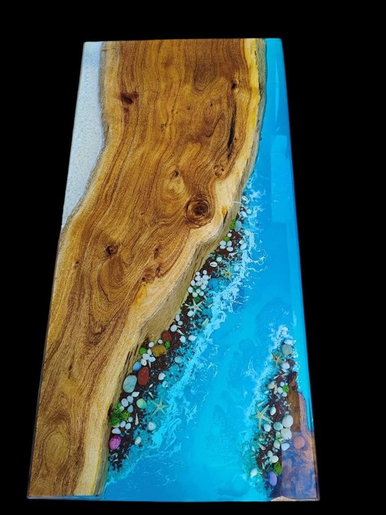 Customized Large Epoxy Table, Blue Resin Dining Table for 2, 4, 6, 8 River with Stone and Star Fish Table, Epoxy Coffee Table, Living Room Table, Home décor - resinhomefurniture