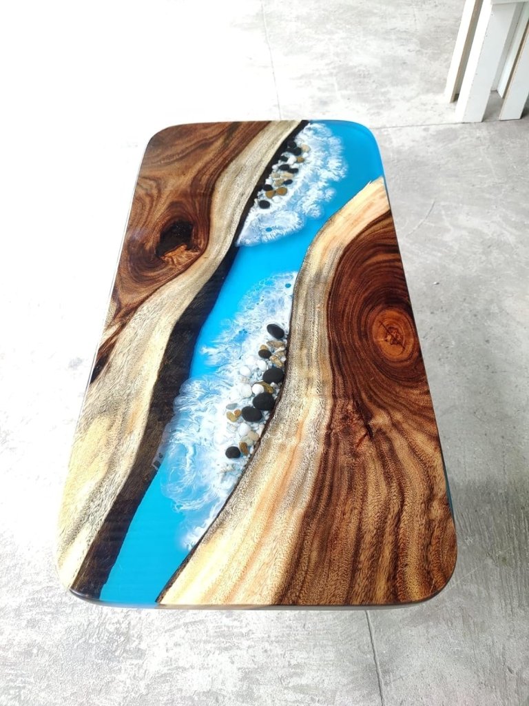 Customized Large Epoxy Table, Blue River Look with Stones, Resin Dining Table for 2, 4, 6, 8, Epoxy Coffee Table, Living Room Table, Home décor - resinhomefurniture