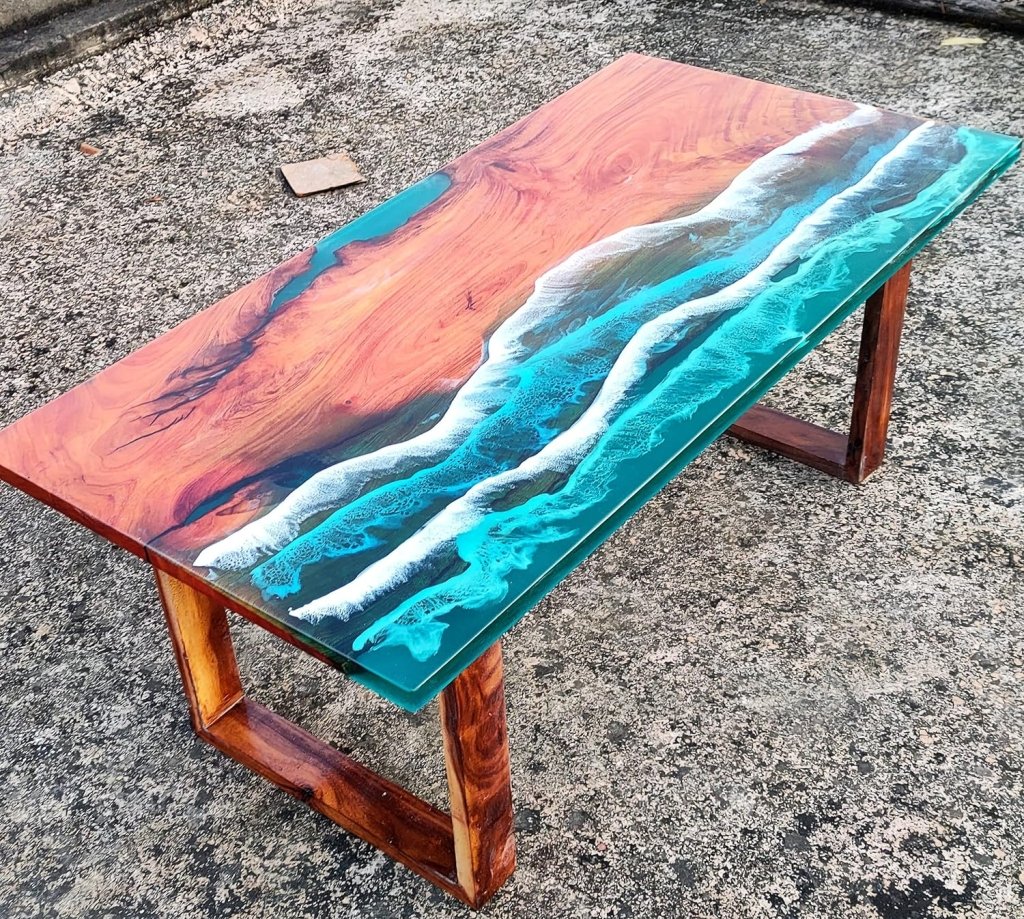 Customized Ocean epoxy Resin Solid Wood Opaque Table, Dining Table, Living Room Table, Wooden Epoxy Coffee Table, Side Table - resinhomefurniture
