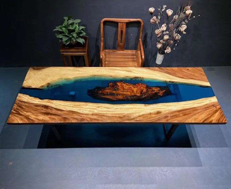 Dark Blue Island River Look Epoxy Resin Dining Table Coffee Table End Table Wooden Table Living Room Table Bar Counter End Table Home D?cor - resinhomefurniture