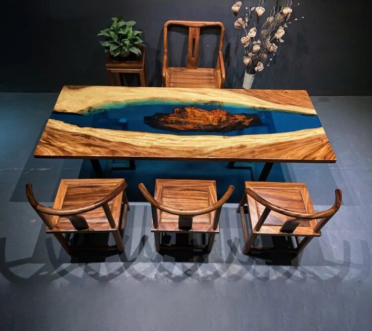 Dark Blue Island River Look Epoxy Resin Dining Table Coffee Table End Table Wooden Table Living Room Table Bar Counter End Table Home D?cor - resinhomefurniture