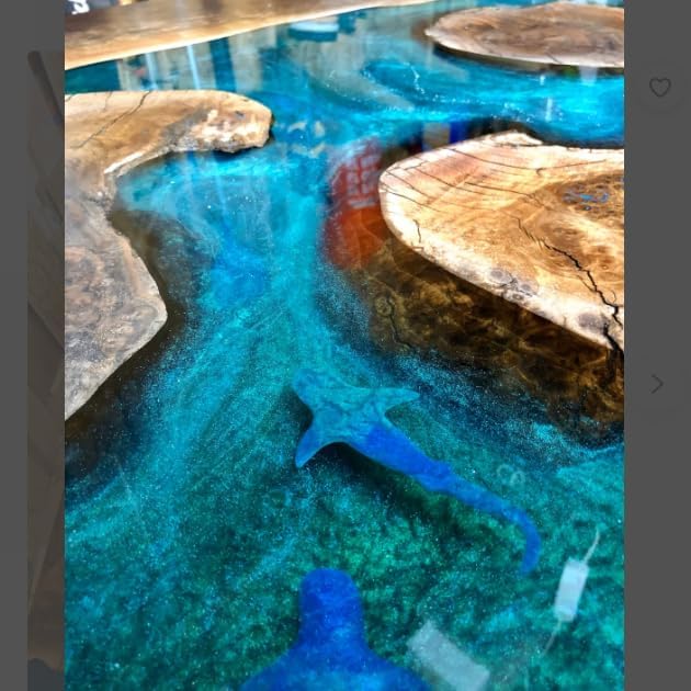 Epoxy Resin Artistic Handmade Ocean Island Beach with Shark and Stingrays Art Solid Wood Coffee/Dining Tables for Living/Dining Rooms - resinhomefurniture