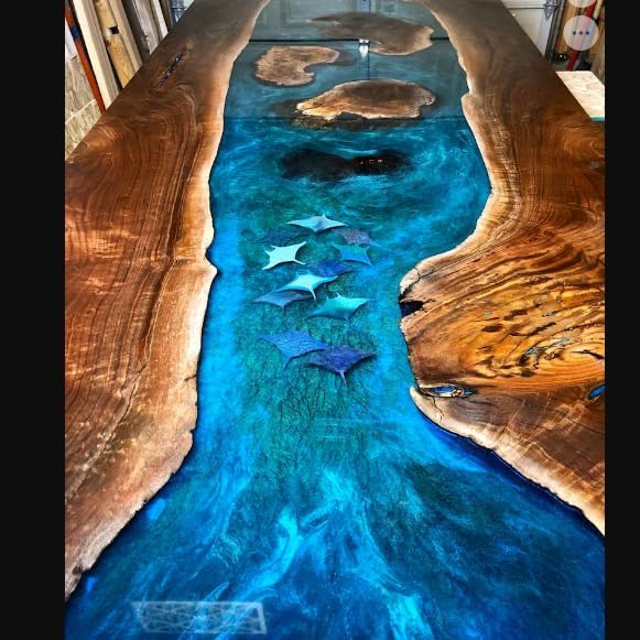 Epoxy Resin Artistic Handmade Ocean Island Beach with Shark and Stingrays Art Solid Wood Coffee/Dining Tables for Living/Dining Rooms - resinhomefurniture