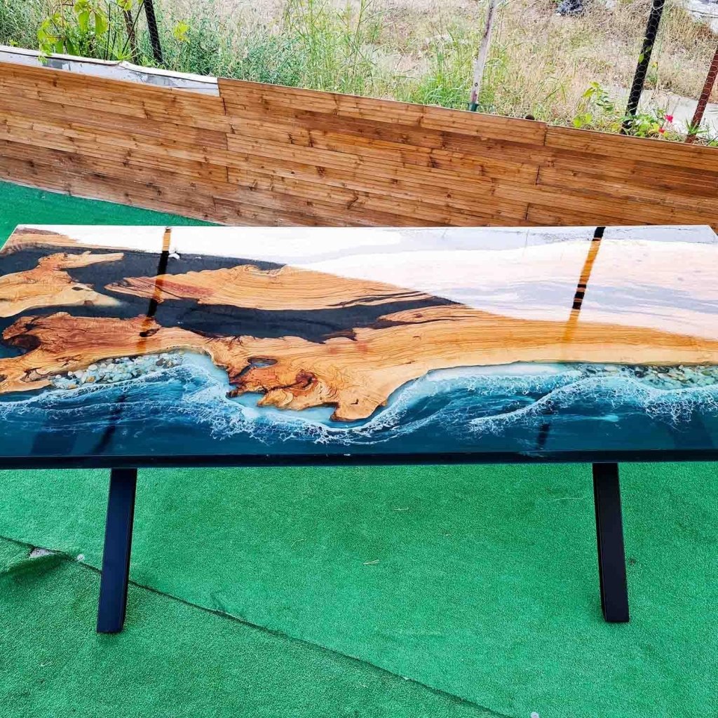Green Island Ocean Wave Look Epoxy Resin Dining Table Coffee Table End Table Wooden Table Living Room Table Bar Counter Home Décor Side Table top - resinhomefurniture