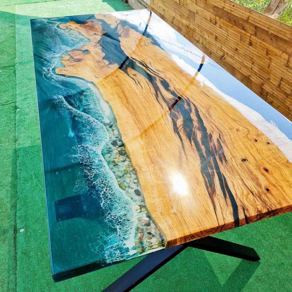 Green Island Ocean Wave Look Epoxy Resin Dining Table Coffee Table End Table Wooden Table Living Room Table Bar Counter Home Décor Side Table top - resinhomefurniture