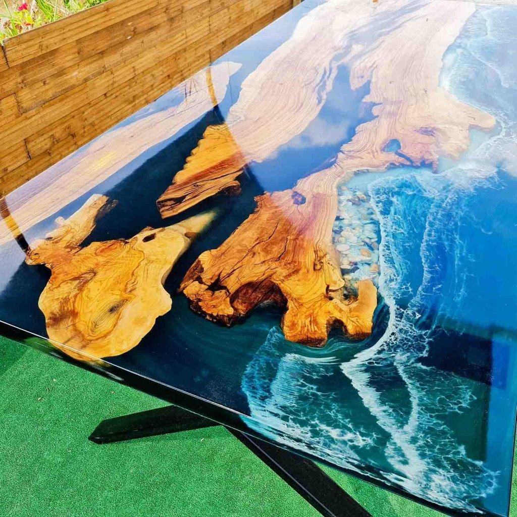 Green Island Ocean Wave Look Epoxy Resin Dining Table Coffee Table End Table Wooden Table Living Room Table Bar Counter Home Décor Side Table top - resinhomefurniture