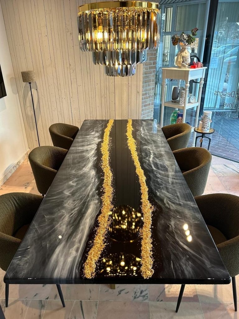 Large Indoor Resin Dining Table Luxury Black River Table with Gold Flakes Design Unique Epoxy Table Conference Table Home Decor Patio Table - resinhomefurniture