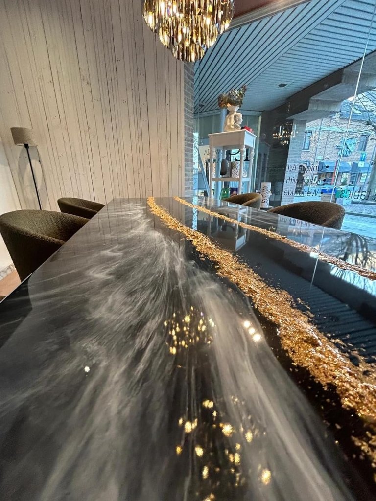 Large Indoor Resin Dining Table Luxury Black River Table with Gold Flakes Design Unique Epoxy Table Conference Table Home Decor Patio Table - resinhomefurniture