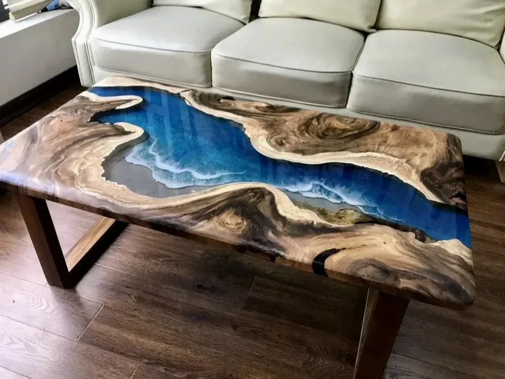 Natural Wood Unique Blue Ocean with Wave Look Resin Epoxy Table Coastal Table Top Dining Table Coffee Table Side/End Table Home Décor - resinhomefurniture