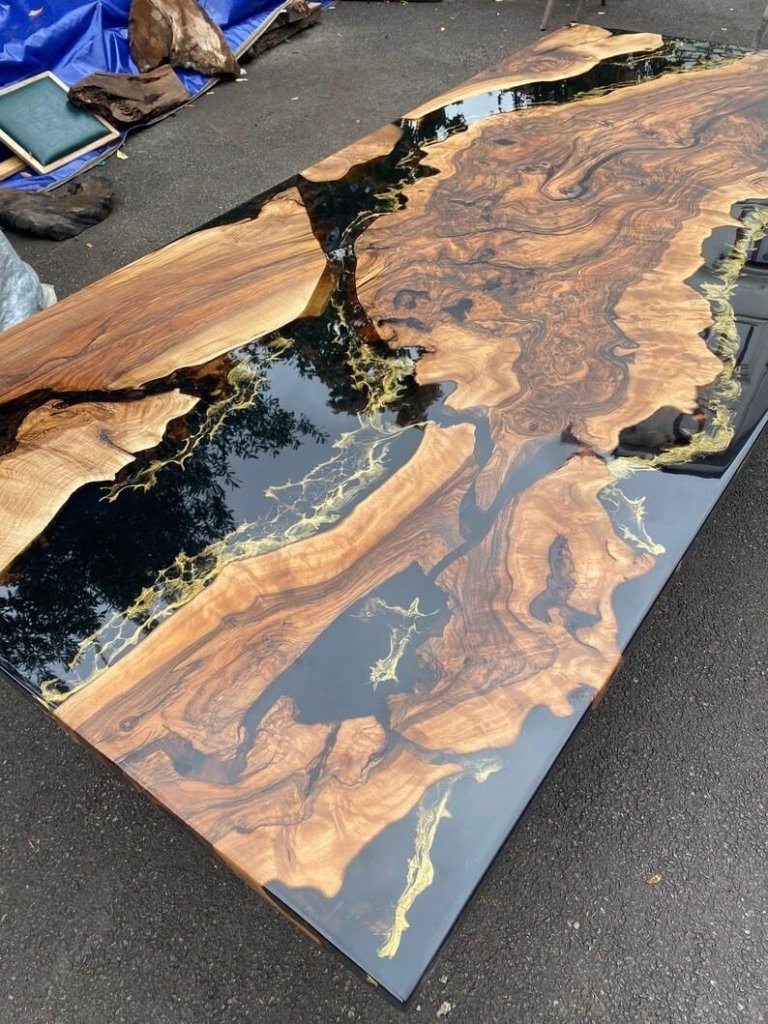 personalized - glossy - black - with - golden - waves - epoxy - resin - dining - table - acacia - wooden - table - living - room - table - coffee - table - console - table - patio - table - end - side - table - resinhomefurniture