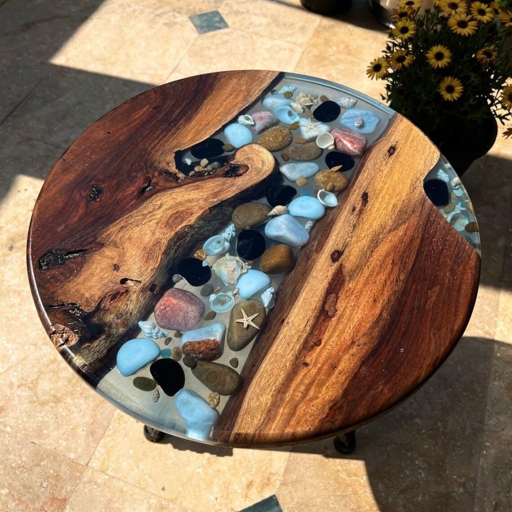 Personalized Round Clear Epoxy Resin with Blue Pebbles Ocean Look Coffee Table Patio Table Console Table Side Table Centre Table Living Room Table - resinhomefurniture