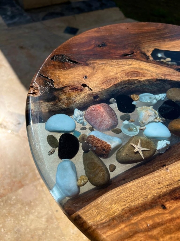 Personalized Round Clear Epoxy Resin with Blue Pebbles Ocean Look Coffee Table Patio Table Console Table Side Table Centre Table Living Room Table - resinhomefurniture