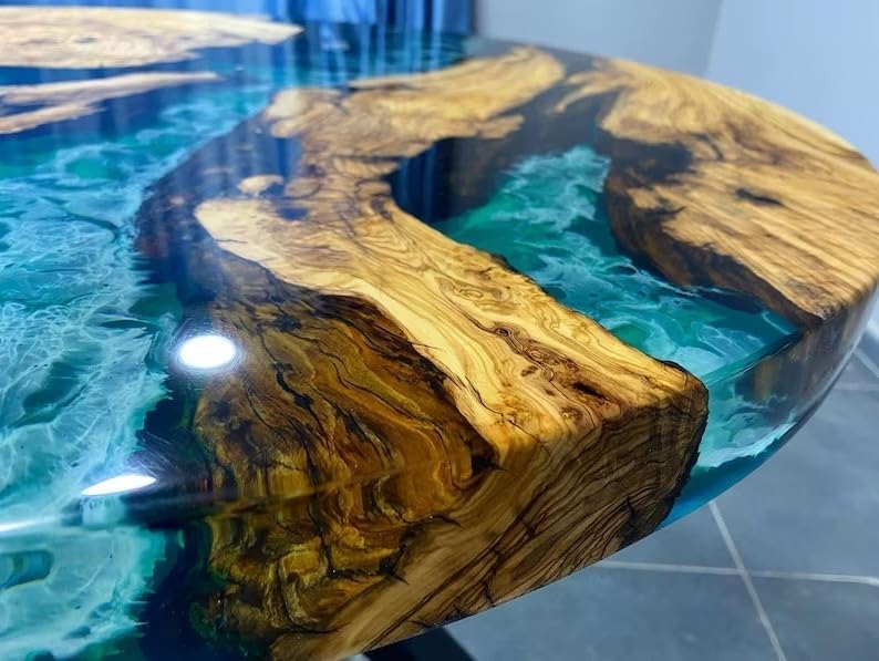 Personalized Round Olive Blue & Emerald Green Ocean Epoxy Resin Dining Table Coffee Table Sea Table Living Room Table Home Decor Bar Counter Side Table End Table - resinhomefurniture