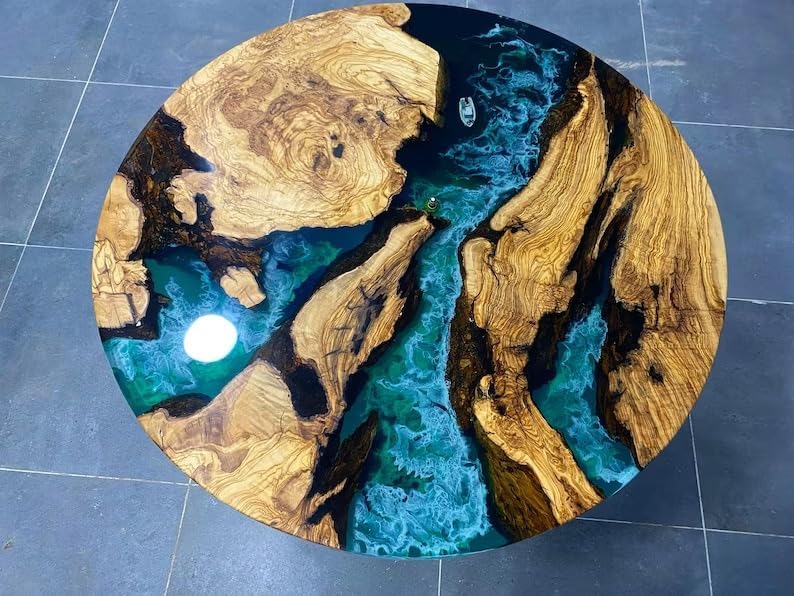 Personalized Round Olive Blue & Emerald Green Ocean Epoxy Resin Dining Table Coffee Table Sea Table Living Room Table Home Decor Bar Counter Side Table End Table - resinhomefurniture