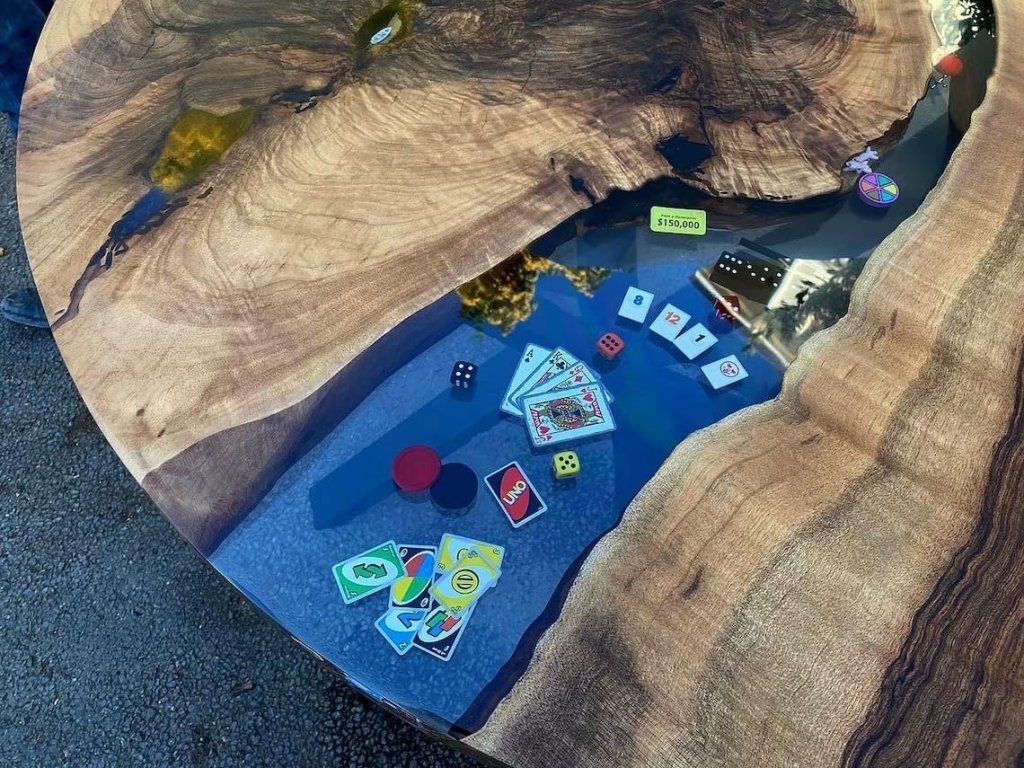 Premium Artistic Live Edge Epoxy Resin River Table with Embedded Game Pieces Coffee Table Dining Table Center Table Office Table Living Room Table Home Décor (With Stand) - resinhomefurniture
