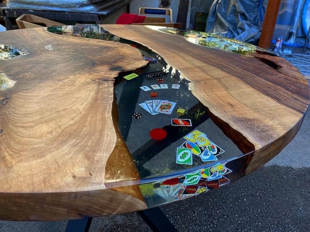 Premium Artistic Live Edge Epoxy Resin River Table with Embedded Game Pieces Coffee Table Dining Table Center Table Office Table Living Room Table Home Décor (With Stand) - resinhomefurniture