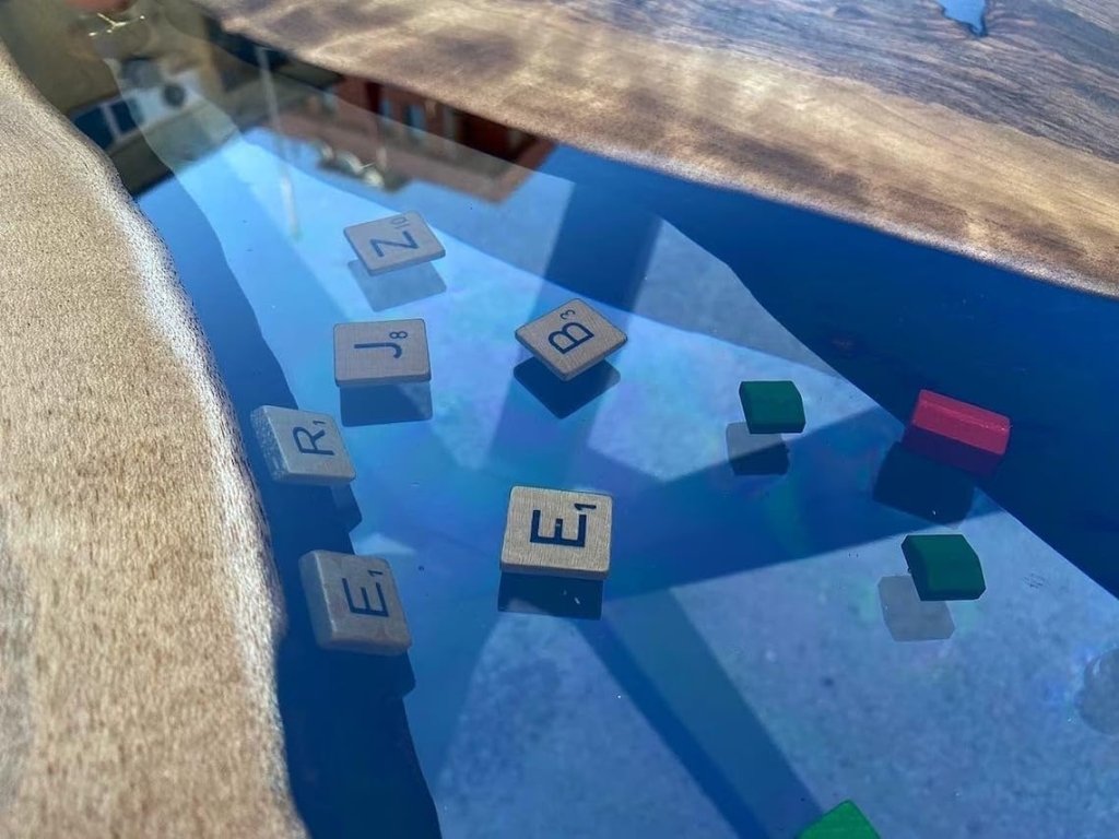 Premium Artistic Live Edge Epoxy Resin River Table with Embedded Game Pieces Coffee Table Dining Table Center Table Office Table Living Room Table Home Décor (With Stand) - resinhomefurniture