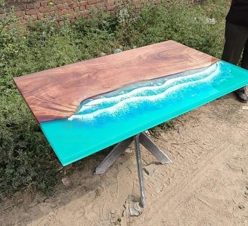 sky - blue - resin - river - with - seashells - epoxy - dining - table - conference - table - patio - table - console - table - coffee - table - living - room - table - bar - counter - table - end - side - table - resinhomefurniture