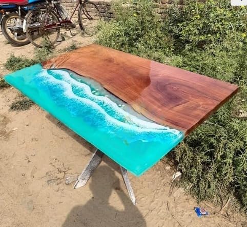sky - blue - resin - river - with - seashells - epoxy - dining - table - conference - table - patio - table - console - table - coffee - table - living - room - table - bar - counter - table - end - side - table - resinhomefurniture