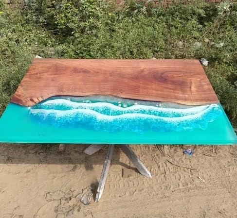 sky - blue - resin - river - with - seashells - epoxy - dining - table - conference - table - patio - table - console - table - coffee - table - living - room - table - bar - counter - table - end - side - table - resinhomefurniture