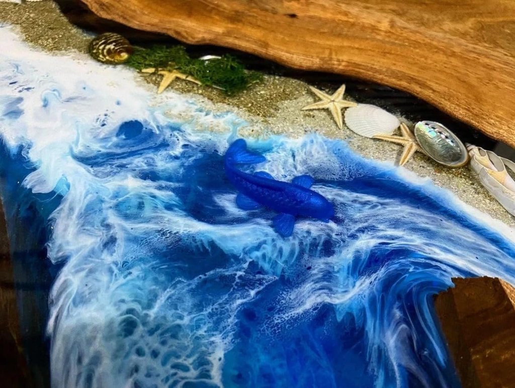 Tropical River Blue Epoxy Resin Round Table with Sea Shells Dining Table Living Room Table Walnut Wooden Table Patio Table End Table Bar Counter Table Home Decor - resinhomefurniture
