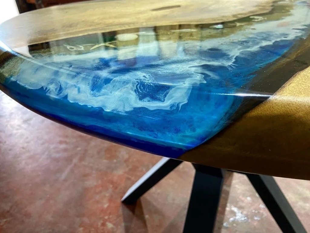 Tropical River Blue Epoxy Resin Round Table with Sea Shells Dining Table Living Room Table Walnut Wooden Table Patio Table End Table Bar Counter Table Home Decor - resinhomefurniture
