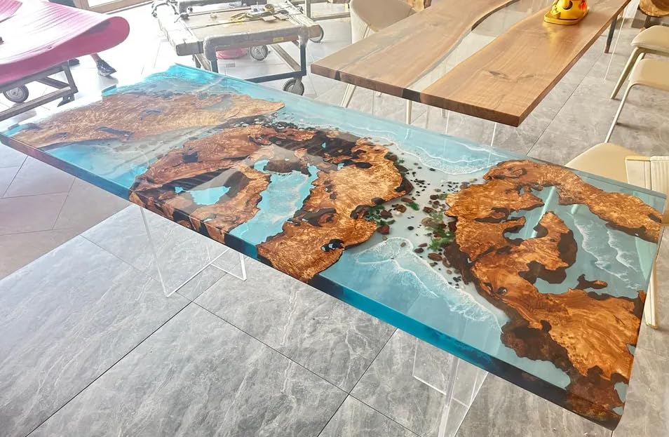 TUZECH Custom Made Wood Island Epoxy Table Ocean Waves with Stone Look Resin Table Epoxy Coastal Table Dining Table Coffee Table Side/End Table Living Room Table Home Décor - resinhomefurniture