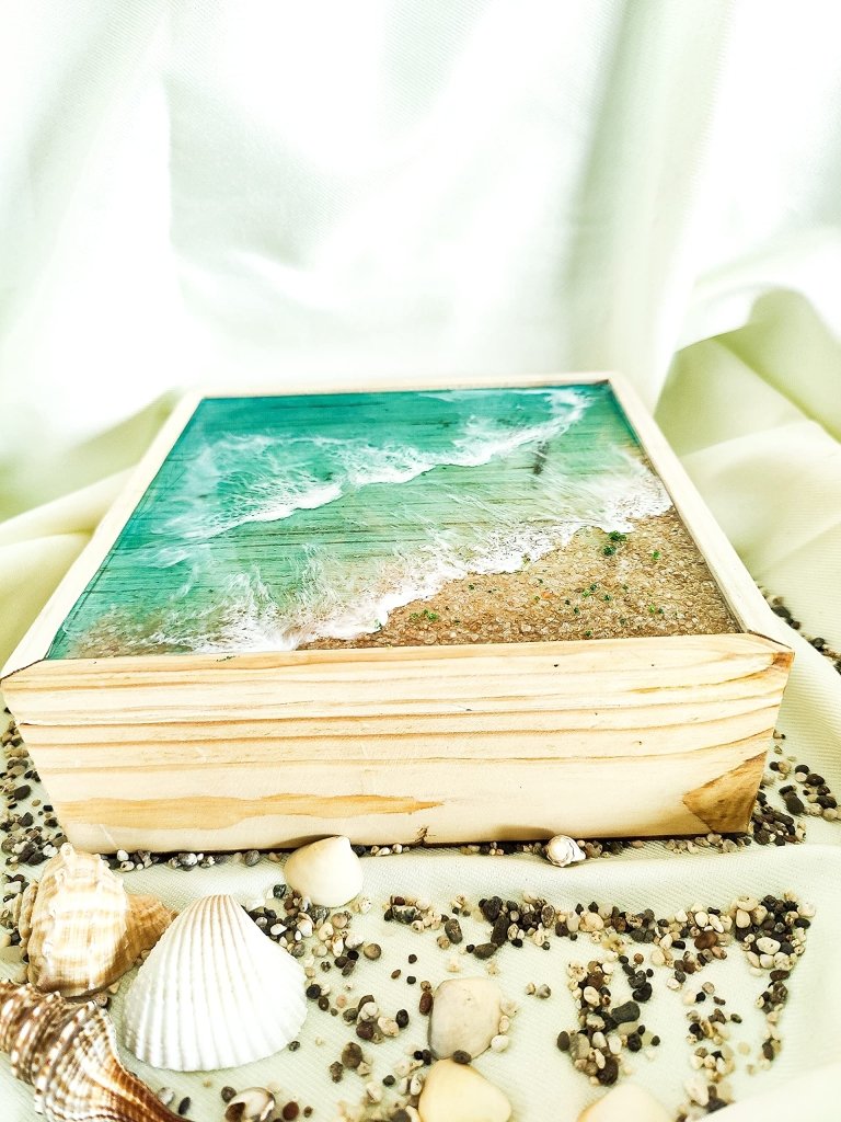 TUZECH Customizable Epoxy Wood Sliding Jewellery Treasure Box Chest Seaside Beach Ocean Handmade Home Décor memory box Custom gift box Trinket Box - resinhomefurniture