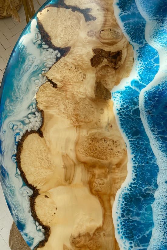 TUZECH Customized Resin Epoxy Round Table Top, Ocean Blue Resin with Stones, Coffee Table Design, Resin Table, Luxury Decor Table, Walnut Table, Wooden Resin Table - resinhomefurniture