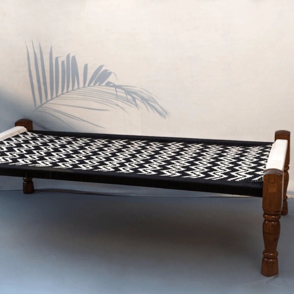 Tuzech Handmade Double Wave Cotton Charpai Solid & Sturdy Hand Woven Metal Charpai/Day Bed/Khatiya/Manjhi with Leg for Hotel Restaurant Home - resinhomefurniture