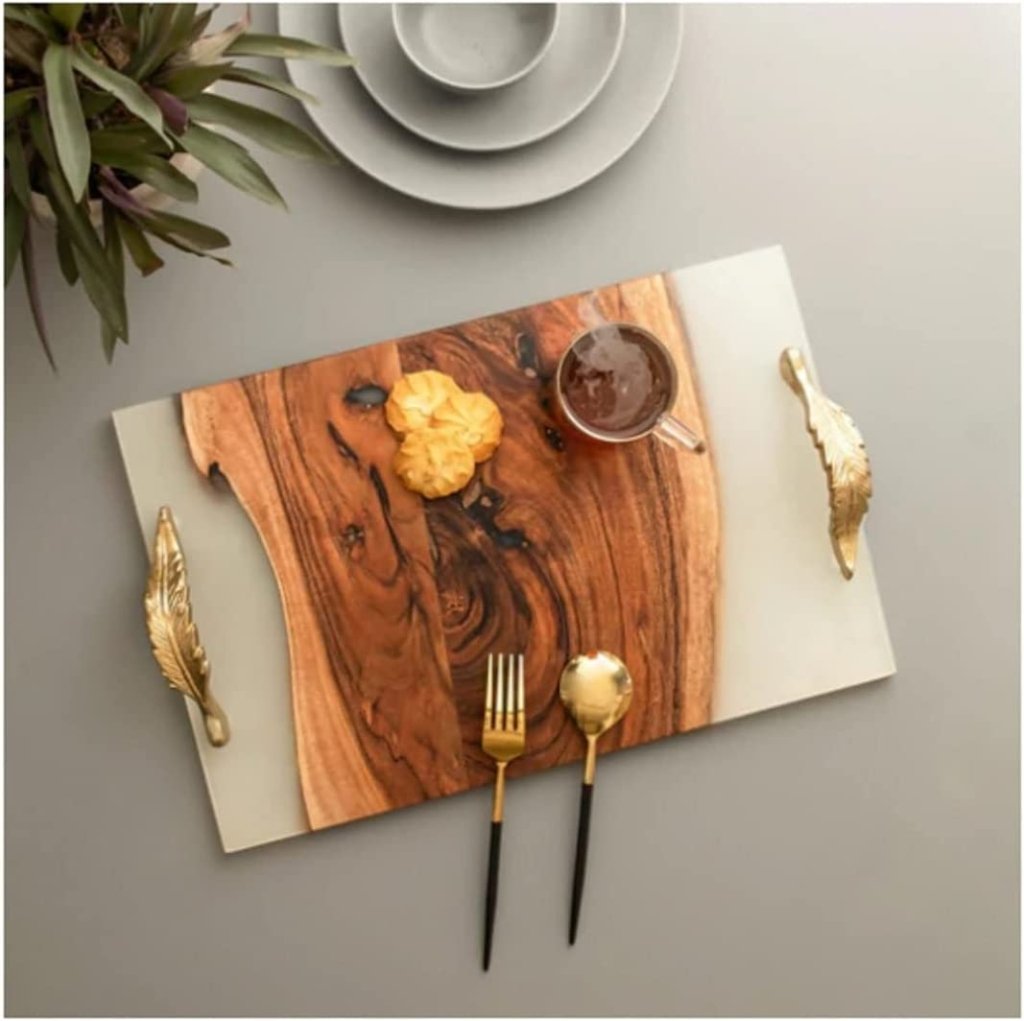 TUZECH Large EPOXY Tray , Resin River Live Edge , Resin Serving Tray, Epoxy Serving Tray,, Center Dining Table 18 x 12 inches - resinhomefurniture